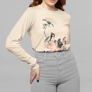 Japanese Bird Flowers VTG Ukyio-e Print Long Sleeve Graphic Tee T-shirt S M L XL